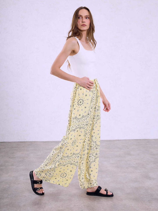 Celestino Γυναικεία Παντελόνα Εμπριμέ Λαχούρια Loose Fit Κίτρινο