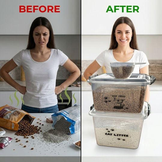 Femmit Set 2 Recipiente de Stocare pentru Hrană Uscată și Nisip de Pisică 10l Cupă de Măsurare Etanș Plastic Transparent