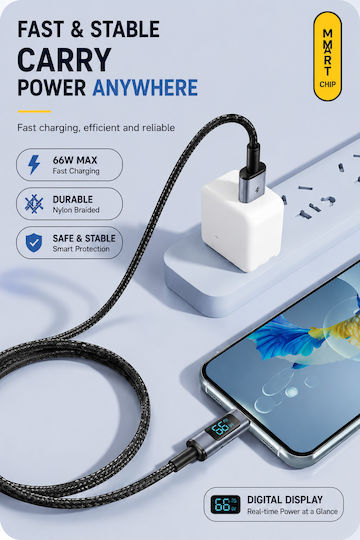 Geflochtenes LED Kabel USB Typ-C männlich - USB-A 66W Schwarzes 1,2m TG-UC66D-120-BK