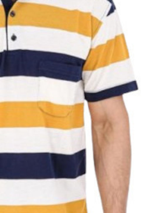 Polo Herrenbluse Kurzarm Weiß-Blau-Gelb