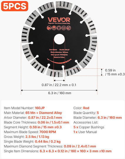 Vevor Δίσκος Κοπής Δομικών Υλικών 160mm 5τμχ