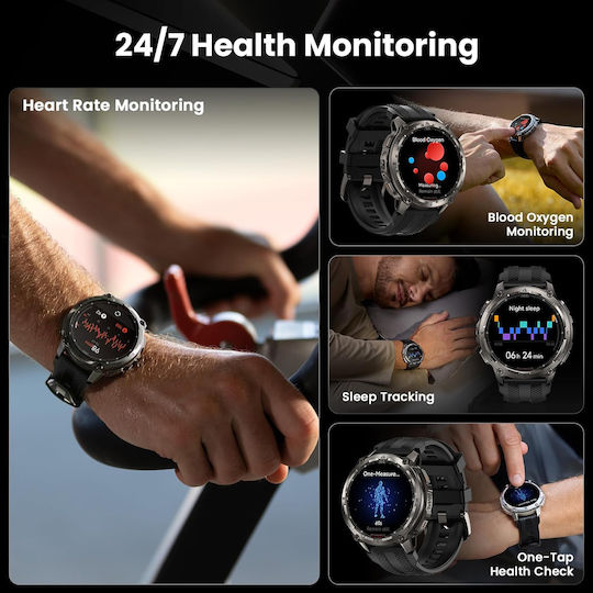 Kospet Tank T4 Stainless Steel 49mm Waterproof Smartwatch with Heart Rate Monitor Black M/L