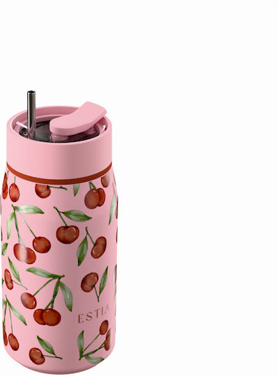 Estia Lens Save The Aegean Чаша Термос Неръждаема Стомана Без BPA 360ml Cherry Rose с Сламка