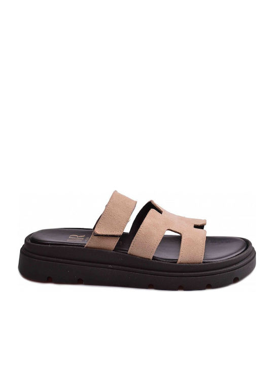 Leather Women's Flat Sandals Beige