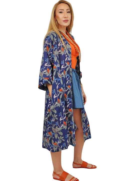 Kalimera Clothing Athens Дамско Кимоно За Плаж Синьо Флорално