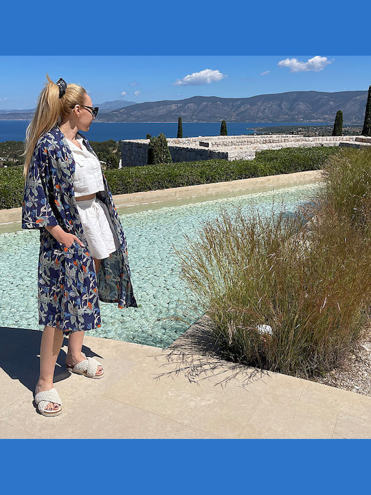 Kalimera Clothing Athens Дамско Кимоно За Плаж Синьо Флорално