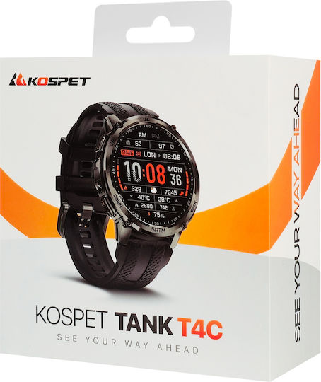 Kospet Tank T4C Stainless Steel 50mm Waterproof Smartwatch with Heart Rate Monitor Black M/L