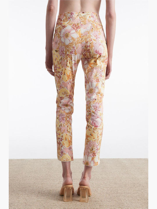 Pantaloni Dama Capri Din Țesătură Floral Roz Floral