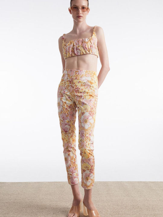 Pantaloni Dama Capri Din Țesătură Floral Roz Floral