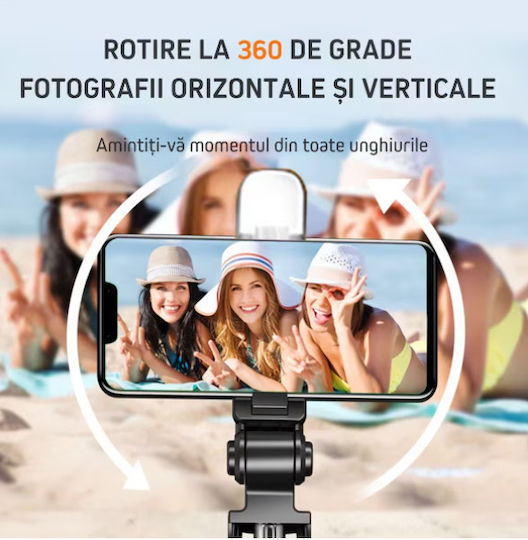Selfie Stick Bluetooth Cu Lumină Led De Umplere Compatibil Ios Android Reglabil Negru