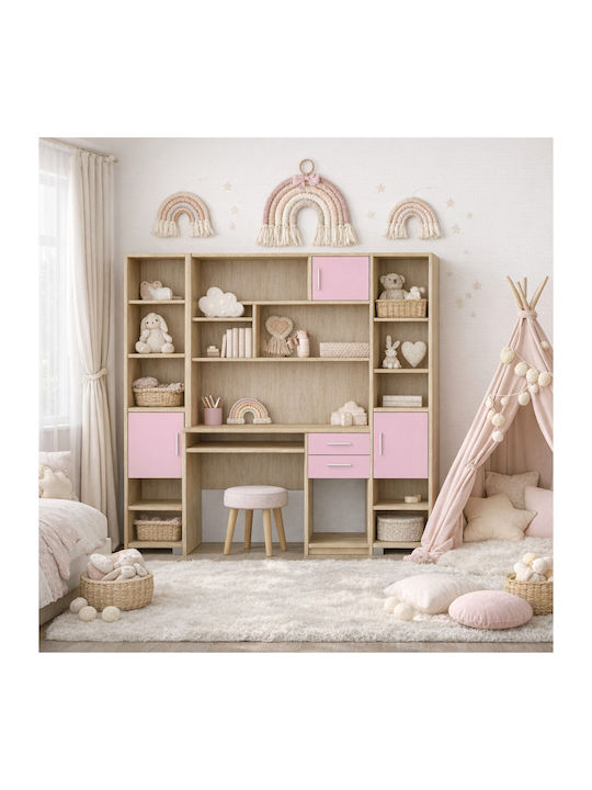 Kinder Schreibtisch mit Bibliothek aus Melamin Rosa 180x55x180cm