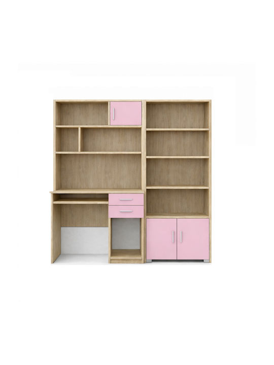Kinder Schreibtisch mit Bibliothek aus Melamin Rosa 175x55x180cm
