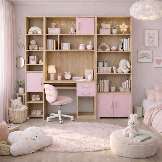 8-14 Kids Desk with Library Made of Pink Melamine 100x55x180cm