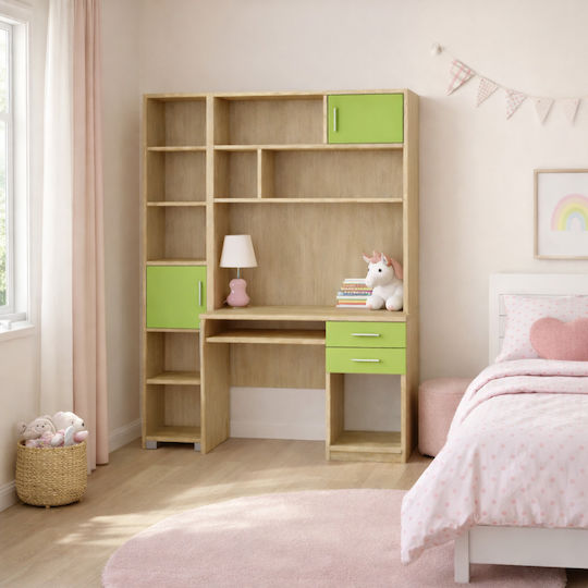 Birou pentru copii cu Bibliotecă din Melamină Verde 140x55x180cm