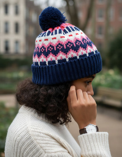 Pom Pom Beanie Unisex Fleece Σκούφος Πλεκτός σε Navy Μπλε χρώμα