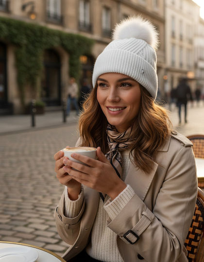 Pom Pom Beanie Unisex Beanie with Rib Knit in White Colour