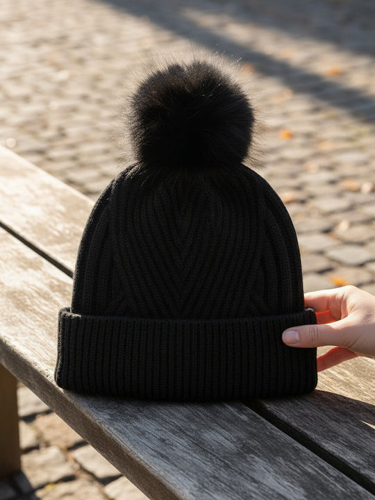 Pom Pom шапка унисекс с рипсова плетка в черен цвят