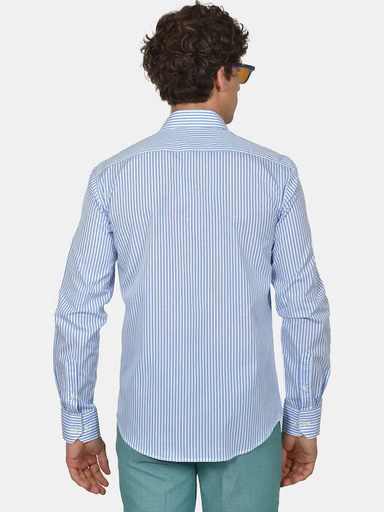 Long Sleeve Cotton Shirt in Regular Fit Striped Light Blue