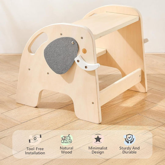 Turn de învățare Montessori din lemn pentru copii Scăunel de baie înalt cu 2 trepte antiderapant design elefant Bebelogic