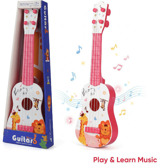 Chitară Jucărie Copii 3-8 Ani Mini Ukulele 4 Corzi Animale Cadou Băieți Fete Instrument Muzical Educațional 40 Cm Roz