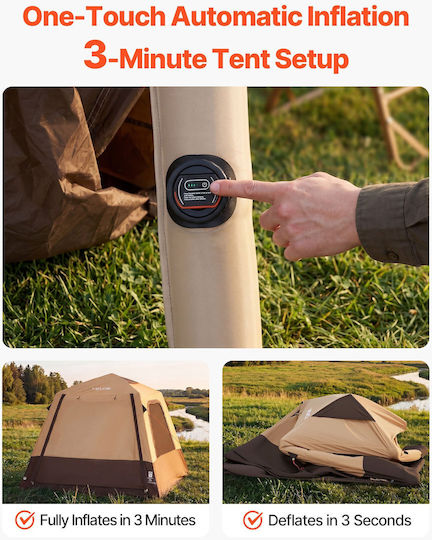 Vevor Automatic Camping Tent Inflatable Storage Beige with Double Cloth 3 Seasons for 4 People 229x229x177cm