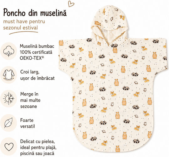 Kidizi Cuddly Buddies Poncho Dublu Din Muselină Pentru Copii 1-3 Ani – Cu Glugă Uscare Rapidă Croială Lejeră Plajă Piscină