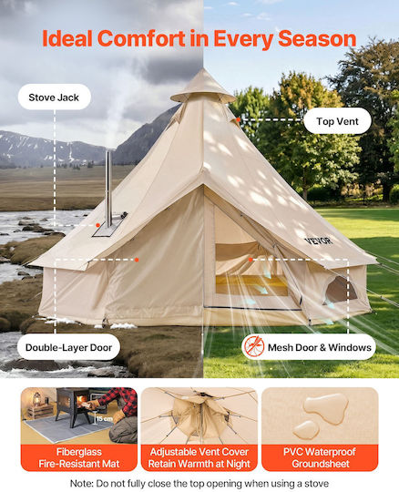 Vevor Oxford Bell Σκηνή Camping Teepee Αποθήκευσης Μπεζ 4 Εποχών για 3 Άτομα 300x300x220εκ.