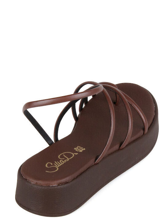 Δερμάτινα Γυναικεία Σανδάλια Flatforms Καφέ