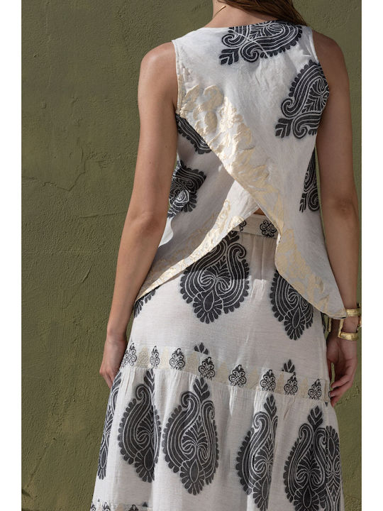 Leinen Maxi Rock Ecru / Grau