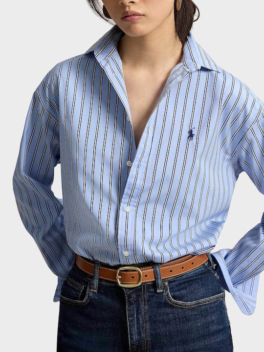 Damenhemden Langärmeliges Hellblau Gestreiftes Shirt