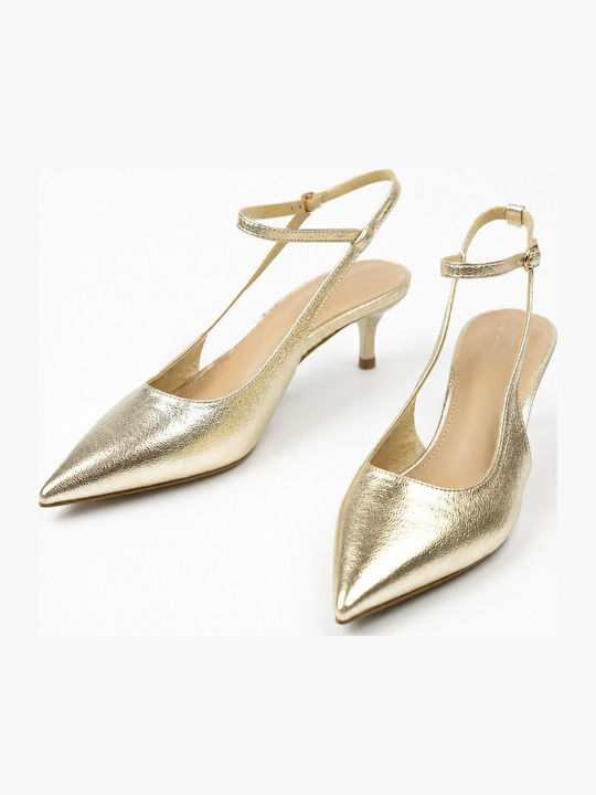 Pointed Toe Heels with Thin Low Heel Gold