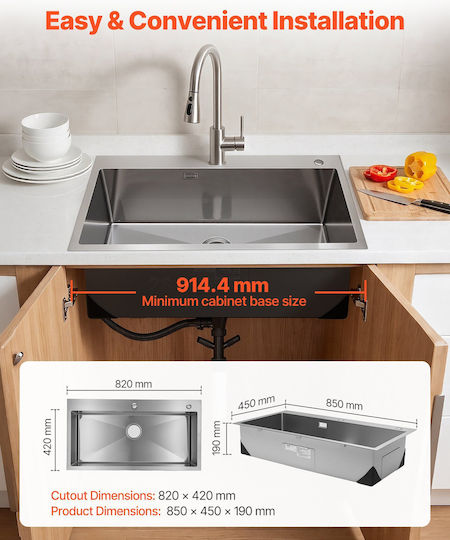 Vevor Ένθετος Νεροχύτης Inox Μ85xΠ45cm Γκρι