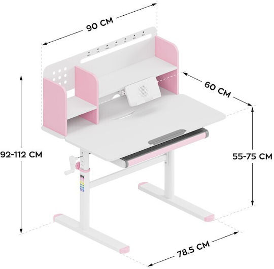 Birou Pentru Copii Din Melamină Roz 90x60x92-112cm