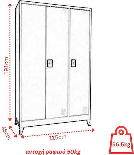 Three-Door Galvanized Metal Cabinet with Locking Capability with Divider & 5 Shelves 115x45x191 cm