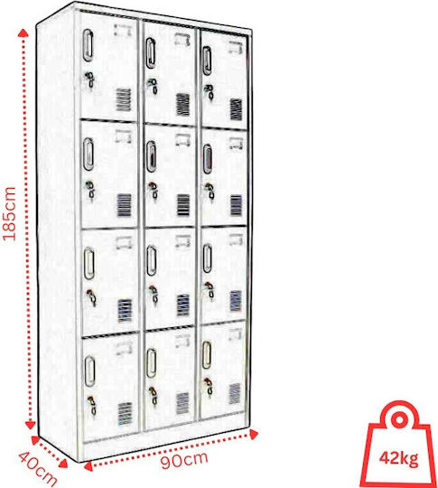 Spind Metallisch mit 12 Schränke Light Gray 90x40x185cm