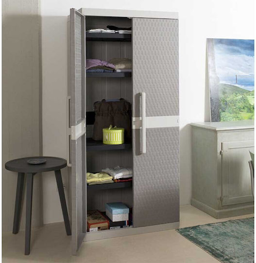 Double Door Wardrobe Rattan XL Plastic with 4 Shelves Light Grey / Warm Grey 312 89x54x190cm