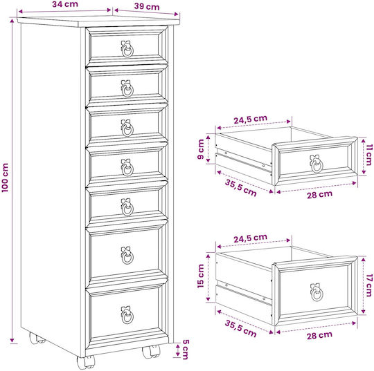 Office Storage Drawer from Solid Wood & Metal with Wheels White 34x39x100cm