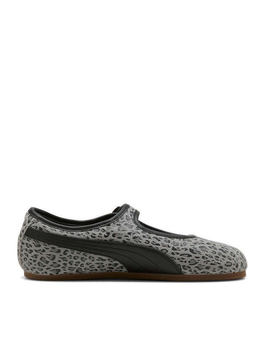 Kids Ballerinas With Adjustable Metal Clasp Leather Grey Tacklette Cat