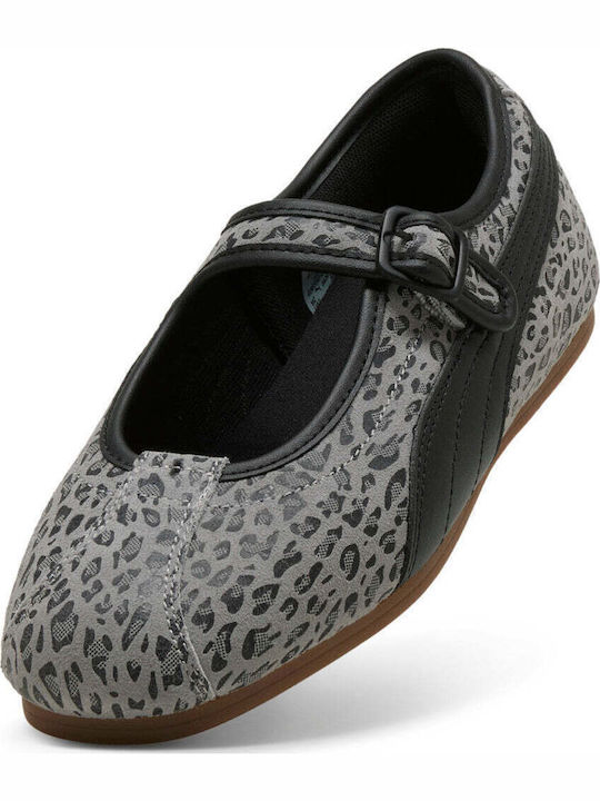 Kids Ballerinas With Adjustable Metal Clasp Leather Grey Tacklette Cat