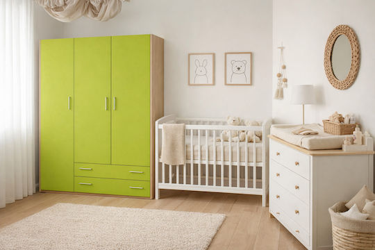 3 Drei Türen Kinderkleiderschrank mit 2 Schubladen Eiche-Grün 110x50x180cm
