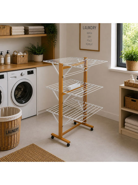 GreenTech Folding Floor Wooden Clothes Drying Rack with Wheels with 25m Hanging Length