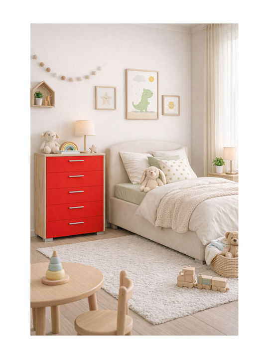 Kids Chest of Drawers No 5 Oak-Red with 5 Drawers 60x45x90cm