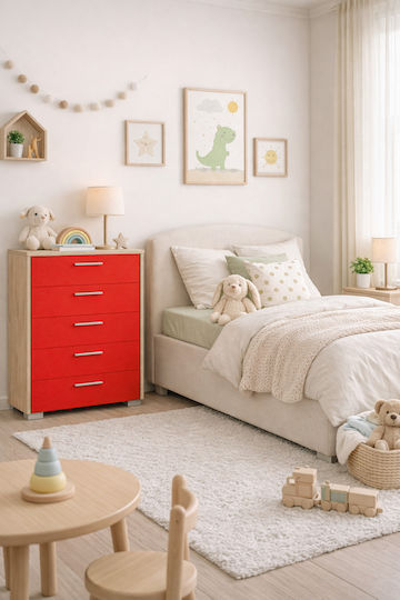 Kids Chest of Drawers No 5 Oak-Red with 5 Drawers 60x45x90cm