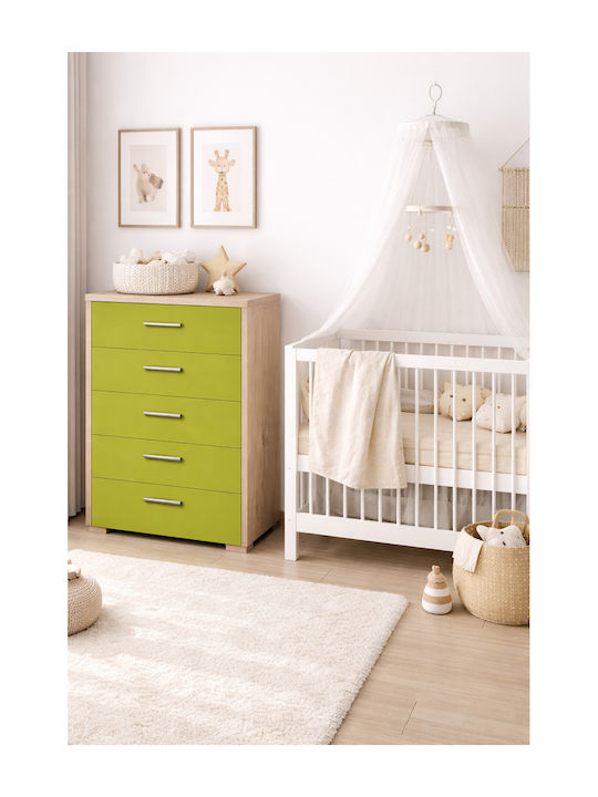 Kinderkommode No 5 Oak-Light Green mit 5 Schubladen 60x45x90cm