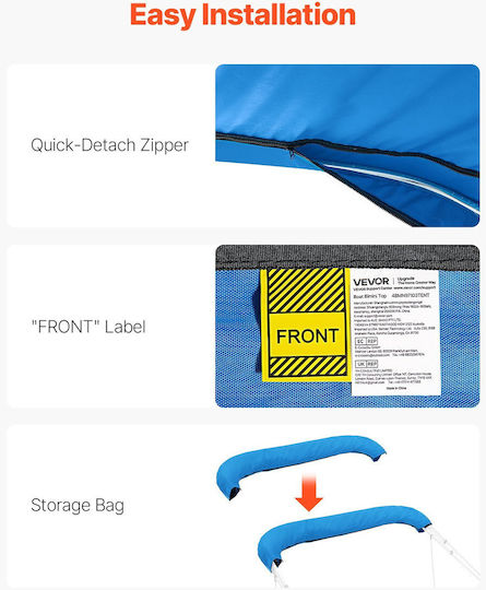 Replacement Top Cover Vevor 4 Bow Bimini Length 2440 Mm Durable 600d Marine Grade Waterproof Boat Shade Cover Storage Tent Sleeve Zipper Easy Installation 2464-2616 Mm W Blue Without Frame