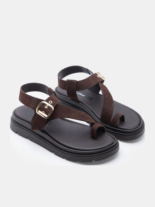 Δερμάτινα Γυναικεία Σανδάλια Flatforms Καφέ
