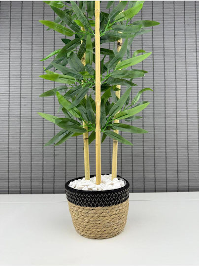 Stewehome Decorative Wicker Bamboo Tree Artificial Leaves Wicker Sea Grass Black Cotton Pot 3 Trunks Black 16x12x81 Cm