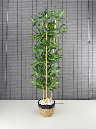 Stewehome Decorative Wicker Bamboo Tree Artificial Leaves Wicker Sea Grass Black Cotton Pot 3 Trunks Black 16x12x81 Cm