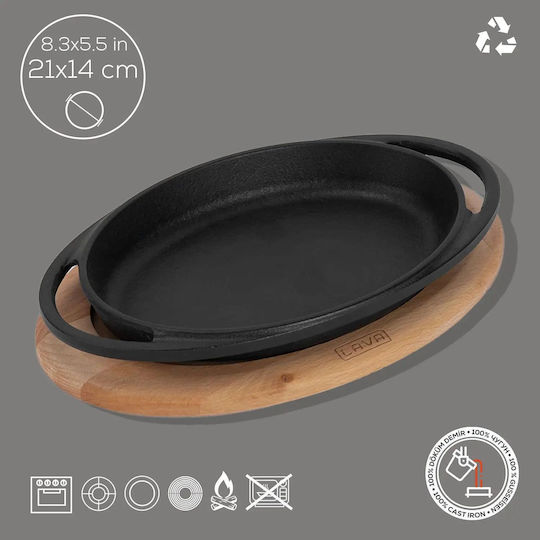 Oval Cast Iron Tray 21 X 14 Cm Wooden Base Lava