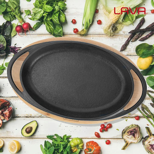 Oval Cast Iron Tray 21 X 14 Cm Wooden Base Lava